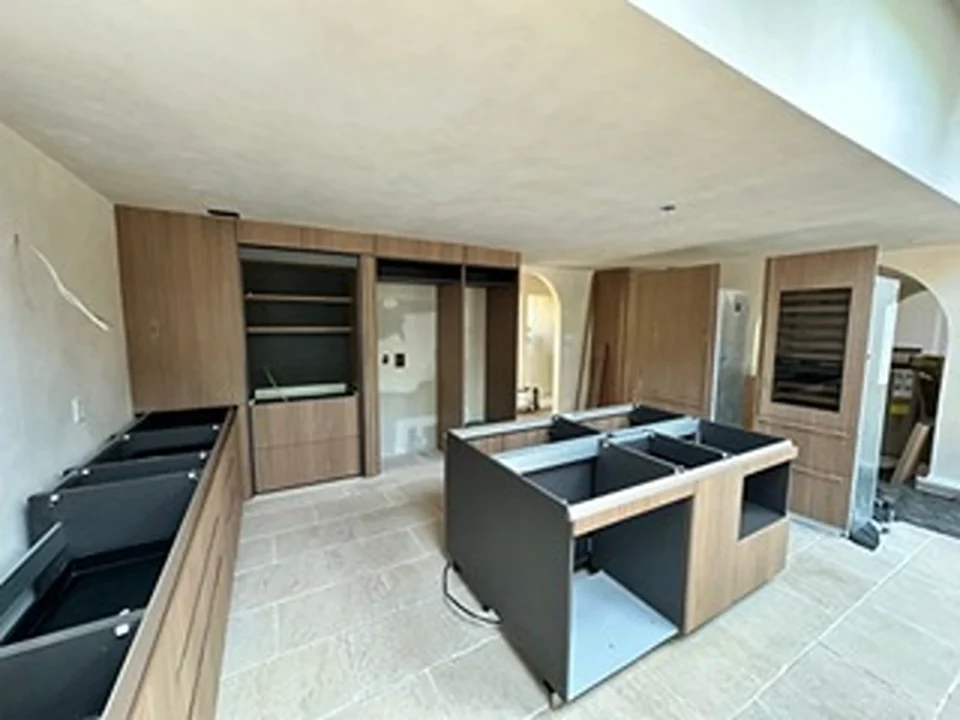 a kitchen with a counter top