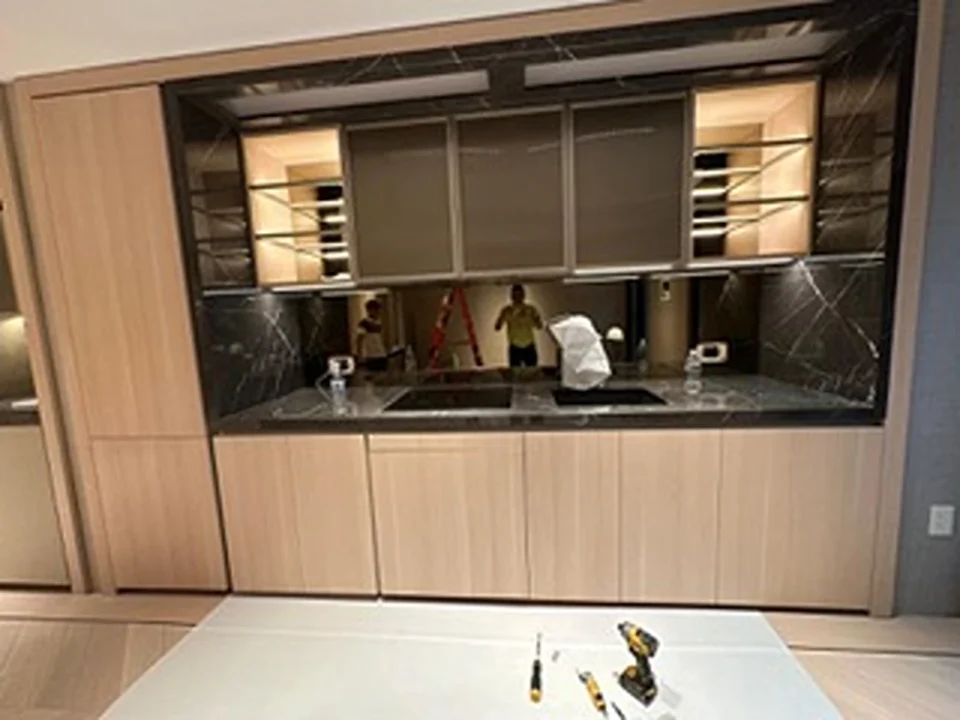 a kitchen with a counter top and tools
