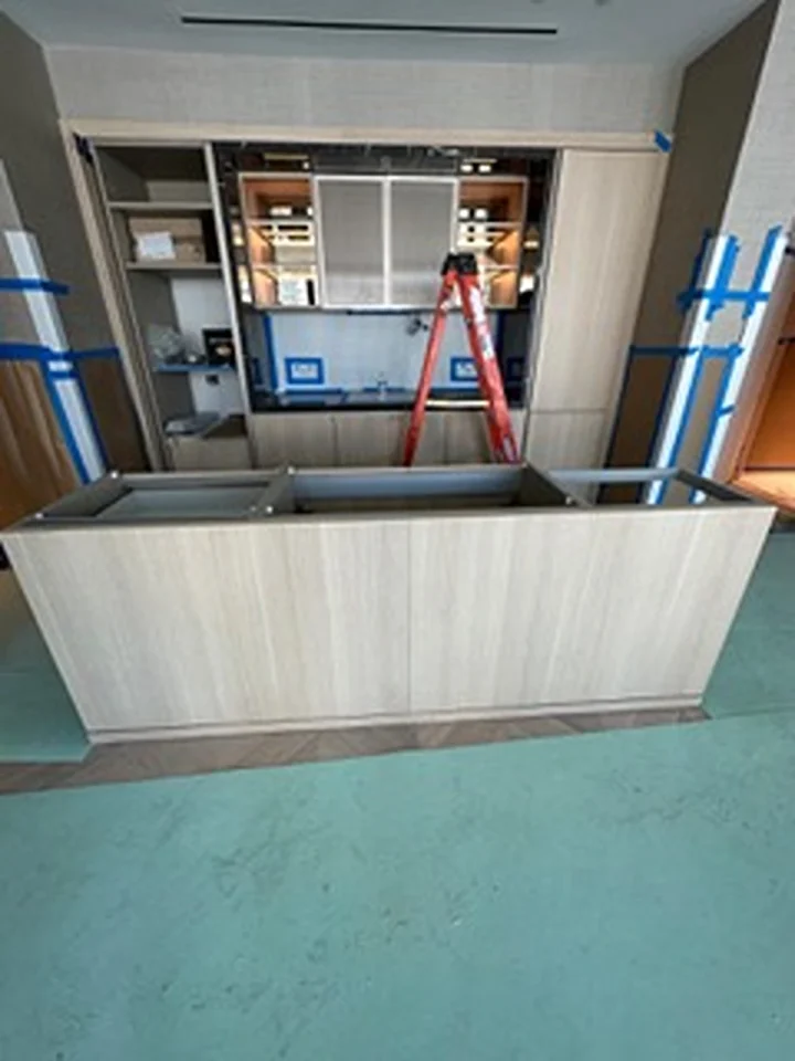 a kitchen with a ladder