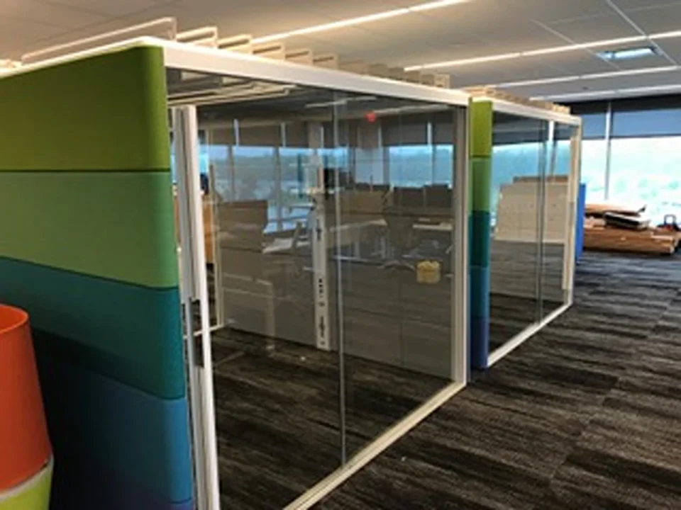 a glass walls in a room