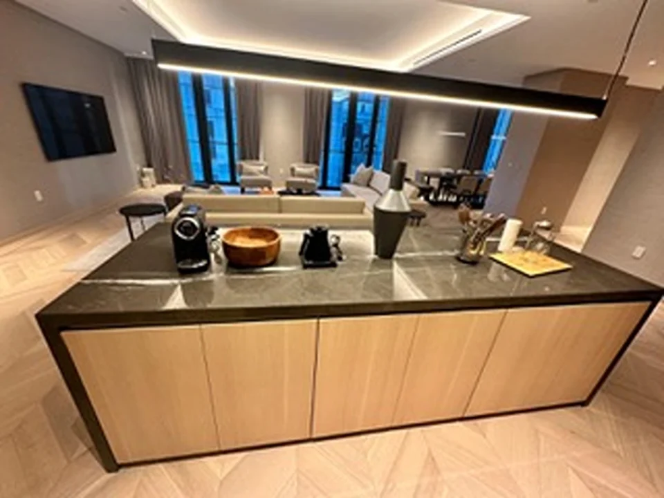 a kitchen with a large counter top