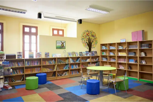 a room with a table and chairs and shelves of books