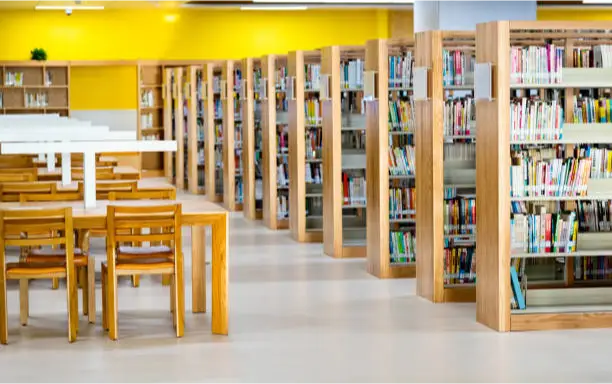 a library with books on shelves