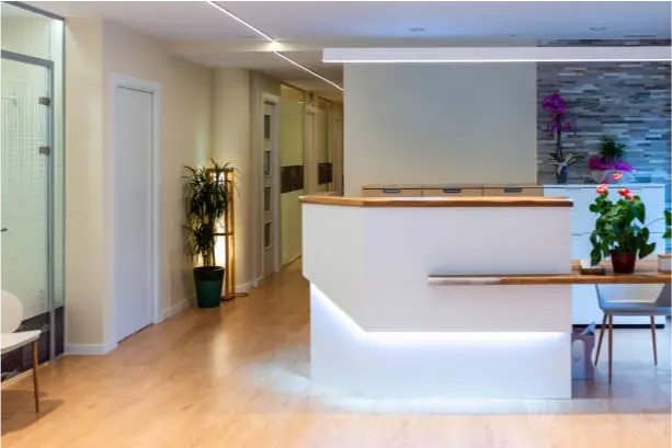 a reception desk in a building