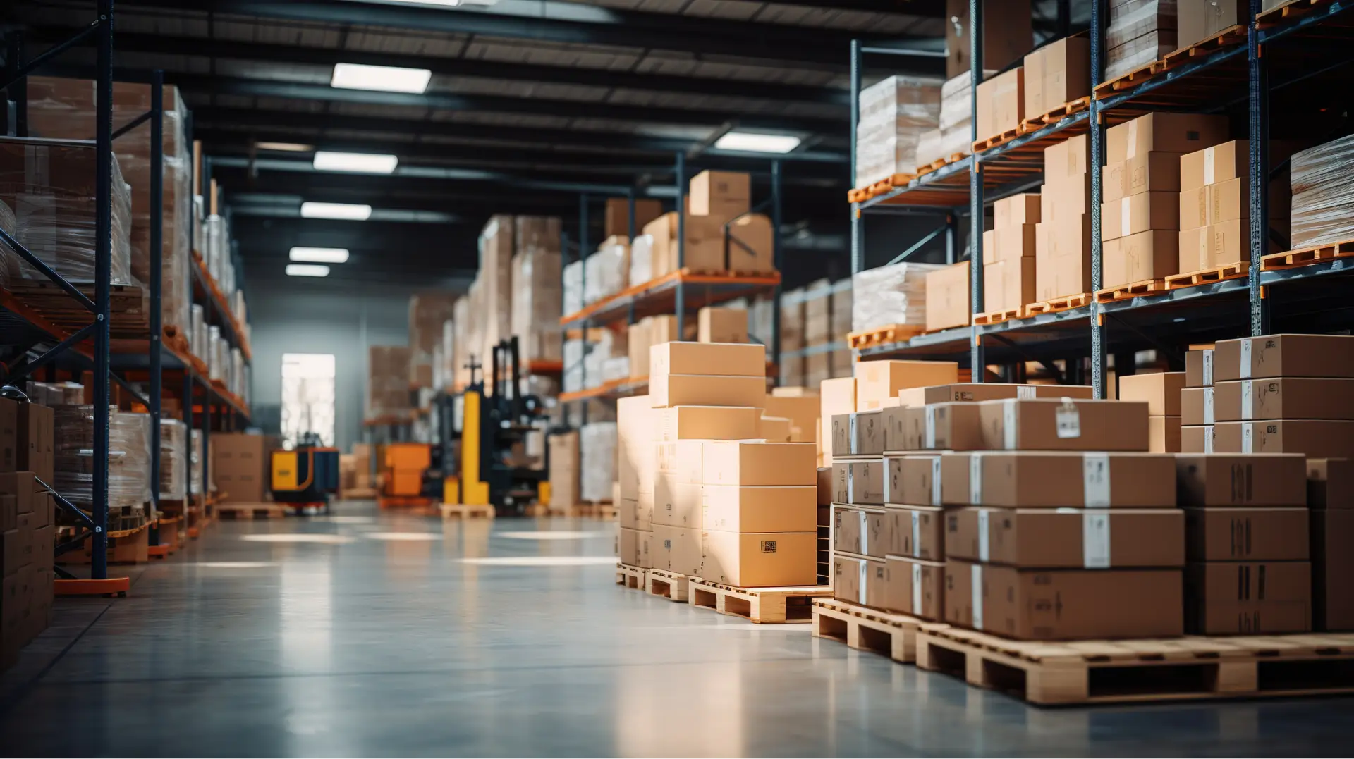 a warehouse with boxes on pallets