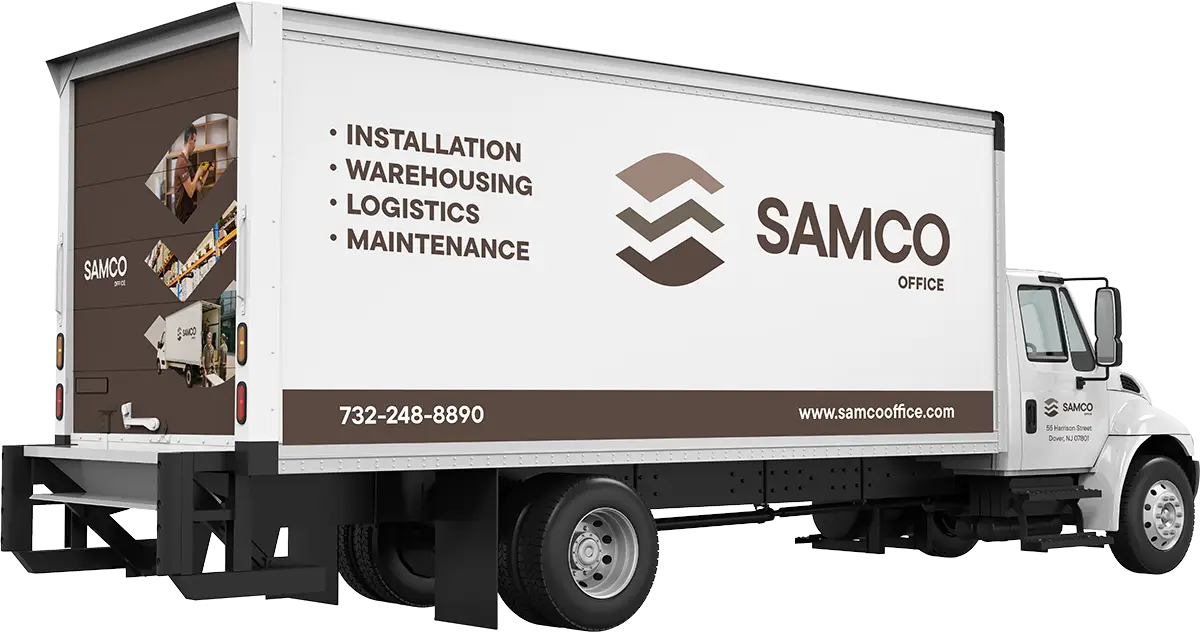 a white truck with brown lettering