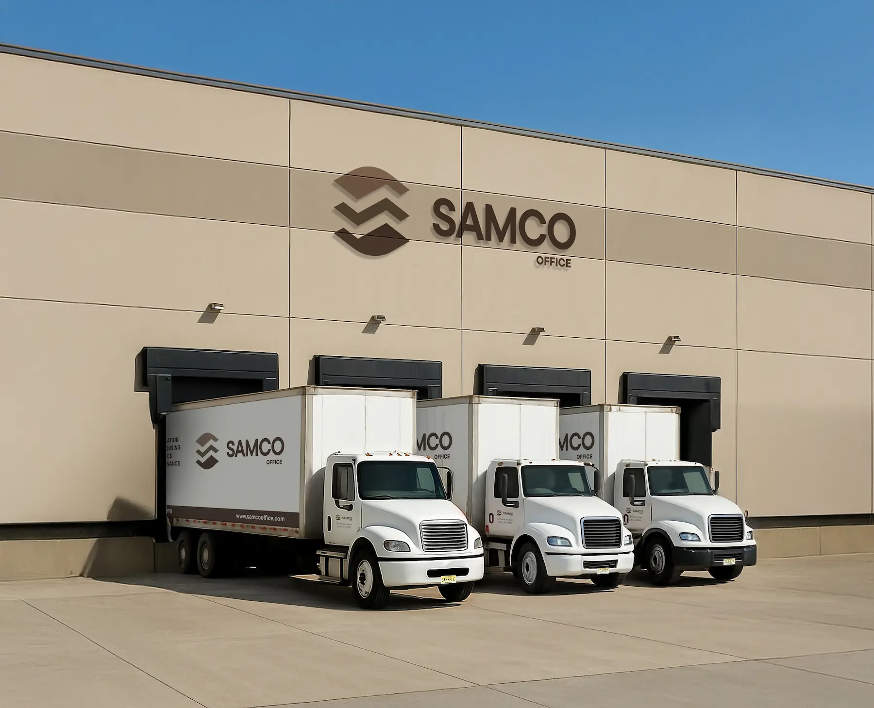 a group of trucks parked outside of a building