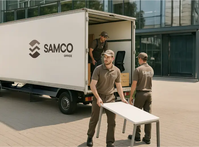 a group of men carrying a table in front of a truck